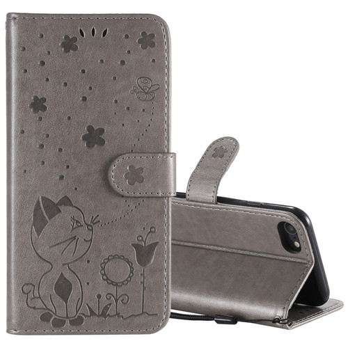iPhone SE 2022 / SE 2020 / 8 / 7 Cat Bee Embossing Pattern Shockproof Horizontal Flip Leather Case with Holder & Card Slots & Wallet - Grey