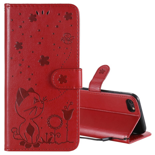 iPhone SE 2022 / SE 2020 / 8 / 7 Cat Bee Embossing Pattern Shockproof Horizontal Flip Leather Case with Holder & Card Slots & Wallet - Red