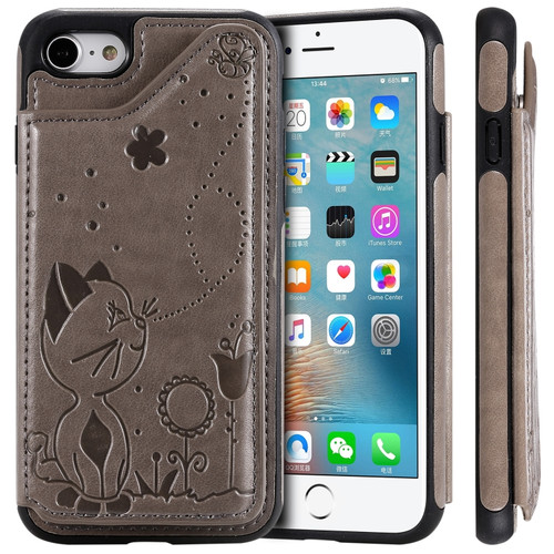 iPhone SE 2022 / SE 2020 / 8 / 7 Cat Bee Embossing Pattern Shockproof Protective Case with Card Slots & Photo Frame - Grey