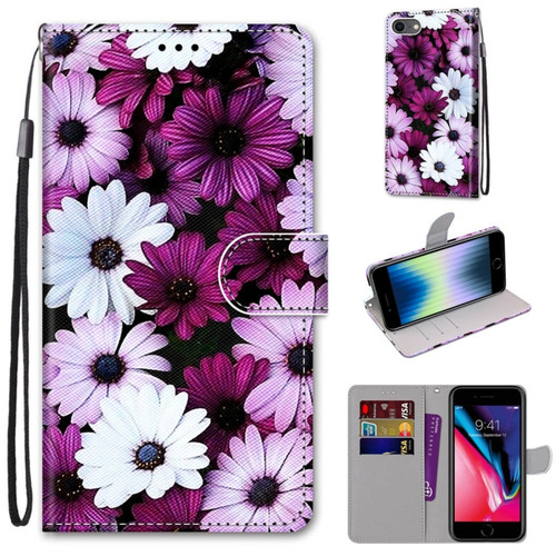 iPhone SE 2022 / SE 2020 / 8 / 7 Coloured Drawing Cross Texture Horizontal Flip PU Leather Case with Holder & Card Slots & Wallet & Lanyard - Chrysanthemum Pink White Purple