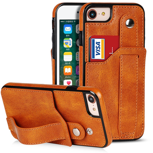 iPhone SE 2022 / SE 2020 / 8 / 7 Crazy Horse Texture Leather Back Case with Card Slot & Wrist Strap - Yellow