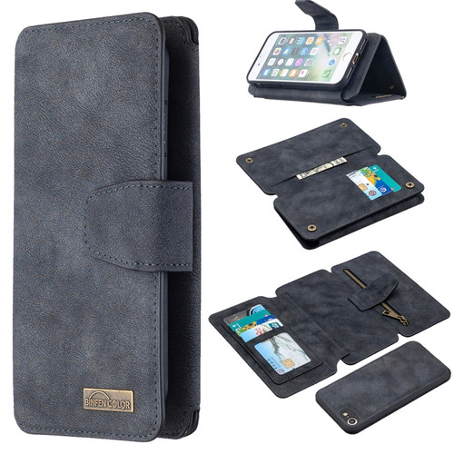 iPhone SE 2022 / SE 2020 / 8 / 7 Detachable Frosted Magnetic Horizontal Flip Leather Case with Card Slots & Holder & Zipper Wallet & Photo Frame - Black Blue
