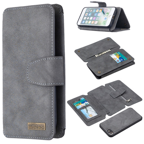 iPhone SE 2022 / SE 2020 / 8 / 7 Detachable Frosted Magnetic Horizontal Flip Leather Case with Card Slots & Holder & Zipper Wallet & Photo Frame - Grey