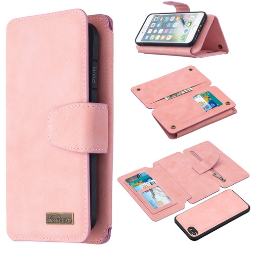 iPhone SE 2022 / SE 2020 / 8 / 7 Detachable Frosted Magnetic Horizontal Flip Leather Case with Card Slots & Holder & Zipper Wallet & Photo Frame - Pink