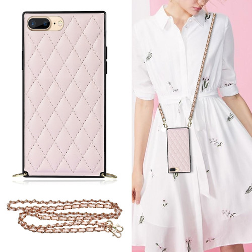 iPhone SE 2022 / SE 2020 / 8 / 7 Elegant Rhombic Pattern Microfiber Leather +TPU Shockproof Case with Crossbody Strap Chain - Pink