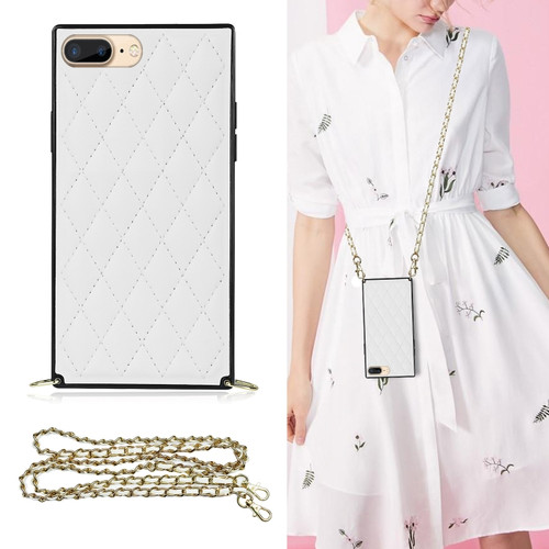 iPhone SE 2022 / SE 2020 / 8 / 7 Elegant Rhombic Pattern Microfiber Leather +TPU Shockproof Case with Crossbody Strap Chain - White