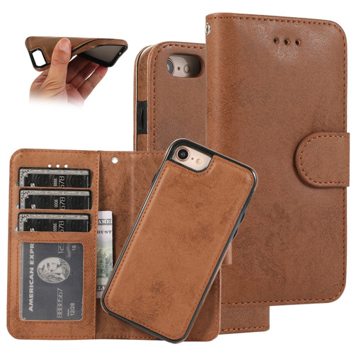 iPhone SE 2022 / SE 2020 / 8 / 7 KLT888-2 Retro 2 in 1 Detachable Magnetic Horizontal Flip TPU + PU Leather Case with Holder & Card Slots & Photo Frame & Wallet - Brown