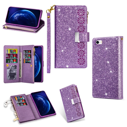 iPhone SE 2022 / SE 2020 / 8 / 7 Multi-card Slots Starry Sky Laser Carving Glitter Zipper Horizontal Flip Leather Case with Holder & Wallet & Lanyard - Purple
