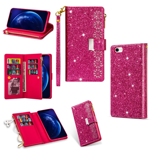 iPhone SE 2022 / SE 2020 / 8 / 7 Multi-card Slots Starry Sky Laser Carving Glitter Zipper Horizontal Flip Leather Case with Holder & Wallet & Lanyard - Rose Red