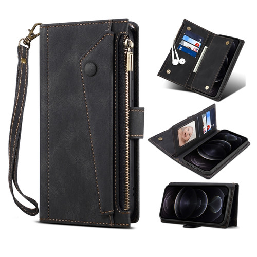 iPhone SE 2022 / SE 2020 / 8 / 7 Retro Frosted Horizontal Flip Leather Case with Holder & Card Slot & Wallet & Zipper Pocket & Lanyard - Black