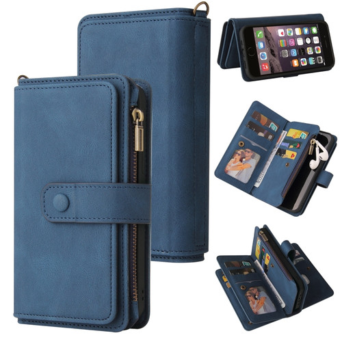 iPhone SE 2022 / SE 2020 / 8 / 7 Skin Feel PU + TPU Horizontal Flip Leather Case with Holder & 15 Cards Slot & Wallet & Zipper Pocket & Lanyard - Blue