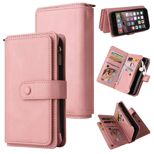 iPhone SE 2022 / SE 2020 / 8 / 7 Skin Feel PU + TPU Horizontal Flip Leather Case with Holder & 15 Cards Slot & Wallet & Zipper Pocket & Lanyard - Pink