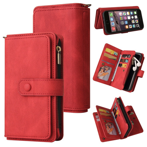 iPhone SE 2022 / SE 2020 / 8 / 7 Skin Feel PU + TPU Horizontal Flip Leather Case with Holder & 15 Cards Slot & Wallet & Zipper Pocket & Lanyard - Red