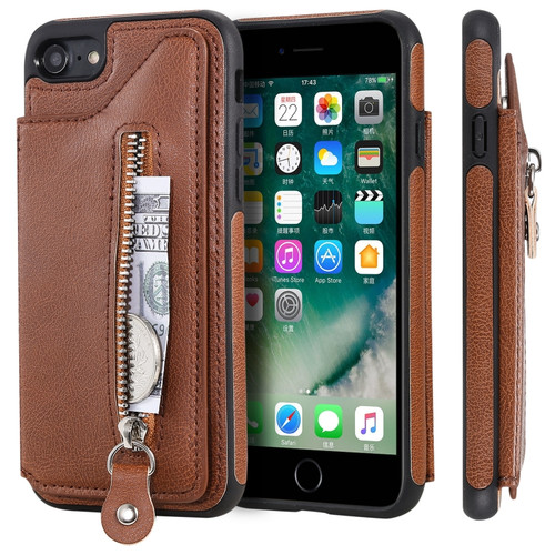 iPhone SE 2022 / SE 2020 / 8 / 7 Solid Color Double Buckle Zipper Shockproof Protective Case - Brown