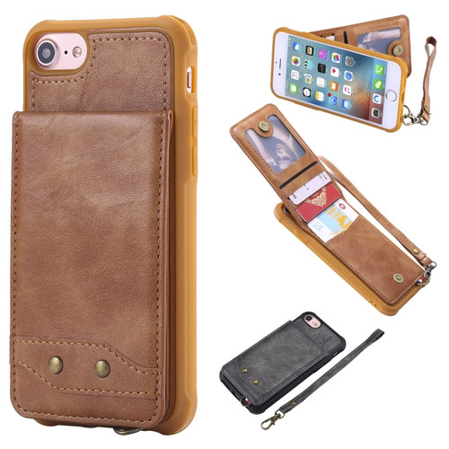 iPhone SE 2022 / SE 2020 / 8 / 7 Vertical Flip Shockproof Leather Protective Case with Short Rope, Support Card Slots & Bracket & Photo Holder & Wallet Function - Brown