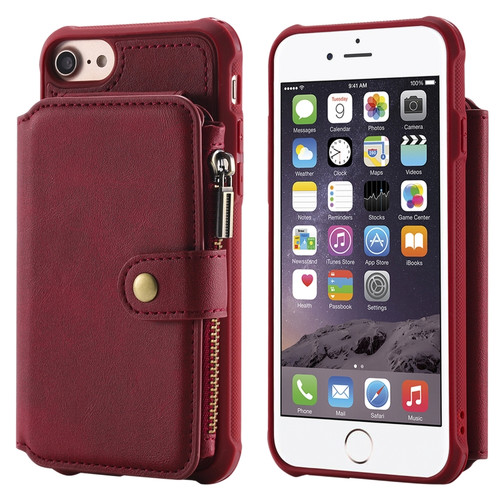 iPhone SE 2022 / SE 2020 / 8 / 7 Zipper Shockproof Protective Case with Card Slots & Bracket & Photo Holder & Wallet Function - Red