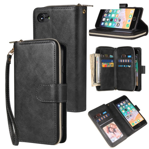 iPhone SE 2022 / SE 2020 / 8 / 7 Zipper Wallet Bag Horizontal Flip PU Leather Case with Holder & 9 Card Slots & Wallet & Lanyard & Photo Frame - Black