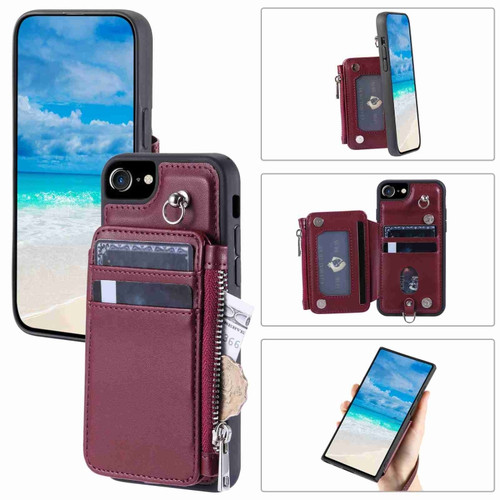 iPhone SE 2022 / SE 2020 / 8 Zipper Card Slots RFID Phone Case - Wine Red