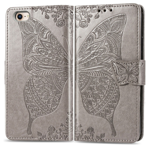 iPhone SE 2022 / SE 2020 Butterfly Love Flower Embossed Horizontal Flip Leather Case with Bracket / Card Slot / Wallet / Lanyard - Gray