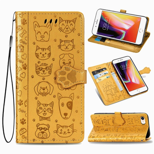 iPhone SE 2022 / SE 2020 Cute Cat and Dog Embossed Horizontal Flip Leather Case with Bracket / Card Slot / Wallet / Lanyard - Yellow