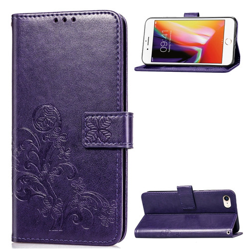 iPhone SE 2022 / SE 2020 Four-leaf Clasp Embossed Buckle Mobile Phone Protection Leather Case with Lanyard & Card Slot & Wallet & Bracket Function - Purple