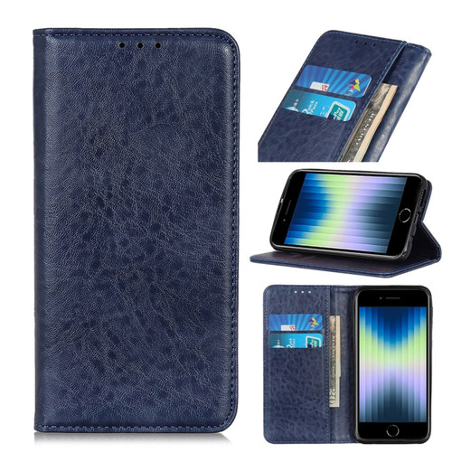 iPhone SE 2022 / SE 2020 Magnetic Suction Crazy Horse Pattern PU Left and Right Open with Bracket and Card Slot and Wallet - Blue