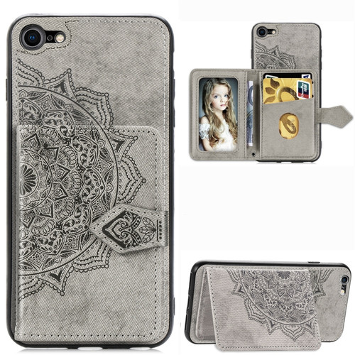 iPhone SE 2022 / SE 2020 Mandala Embossed Magnetic Cloth PU + TPU + PC Case with Holder & Card Slots & Wallet & Photo Frame & Strap - Gray