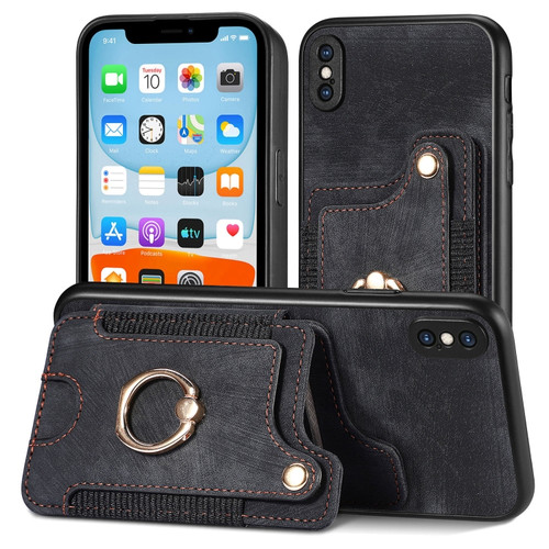 iPhone SE 2022 / SE 2020 Retro Skin-feel Ring Multi-card Wallet Phone Case - Black