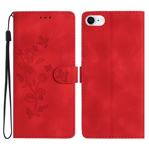 iPhone SE 2022/2020 / 8 / 7 / 6 Flower Embossing Pattern Leather Phone Case - Red