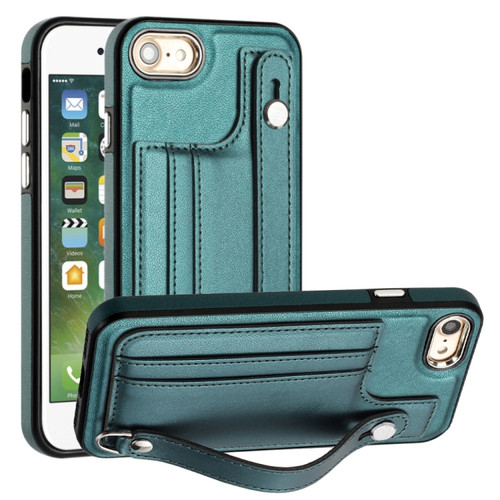 iPhone SE 2022/SE 2020/6/7/8 Shockproof Leather Phone Case with Wrist Strap - Green
