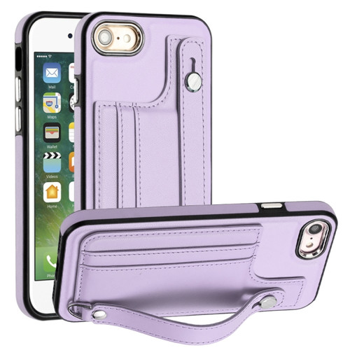 iPhone SE 2022/SE 2020/6/7/8 Shockproof Leather Phone Case with Wrist Strap - Purple