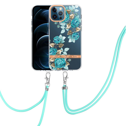 iPhone 12 Pro Max Flowers Series TPU Phone Case with Lanyard - Blue Rose