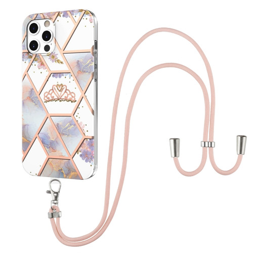 iPhone 12 Pro Max Electroplating Splicing Marble Flower Pattern TPU Shockproof Case with Lanyard - Imperial Crown