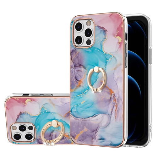 iPhone 12 Pro Max Electroplating Pattern IMD TPU Shockproof Case with Rhinestone Ring Holder - Milky Way Blue Marble