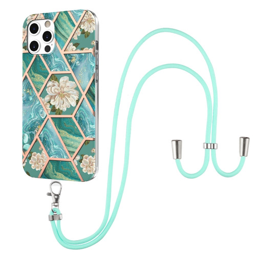 iPhone 12 Pro Max Electroplating Splicing Marble Flower Pattern TPU Shockproof Case with Lanyard - Blue Flower