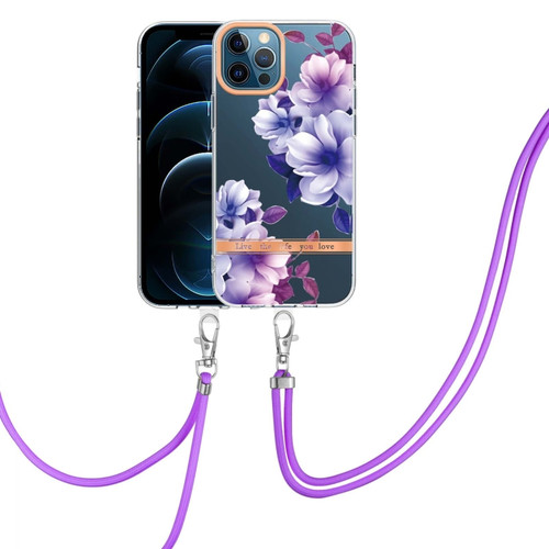 iPhone 12 Pro Max Flowers Series TPU Phone Case with Lanyard - Purple Begonia