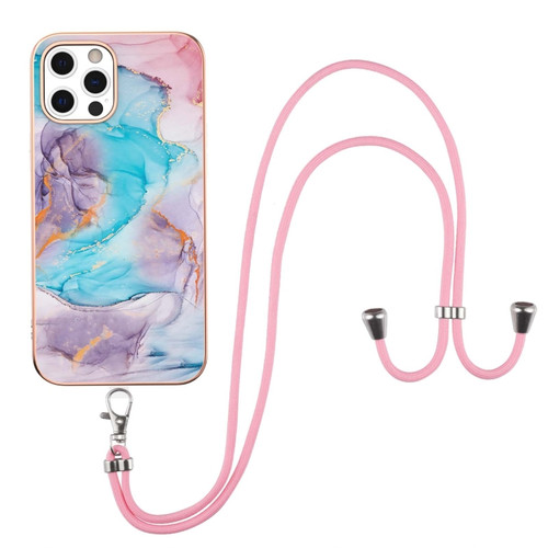 iPhone 12 Pro Max Electroplating Pattern IMD TPU Shockproof Case with Neck Lanyard - Milky Way Blue Marble