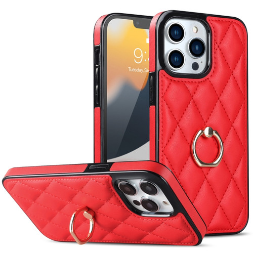 iPhone 12 Pro Max Rhombic PU Leather Phone Case with Ring Holder - Red