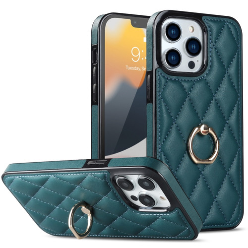 iPhone 12 Pro Max Rhombic PU Leather Phone Case with Ring Holder - Green