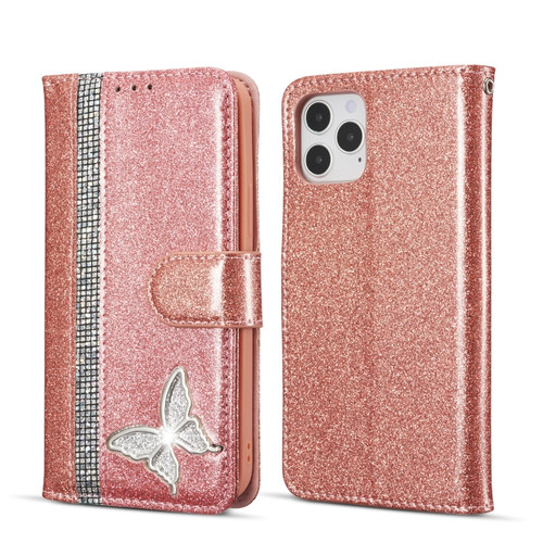 iPhone 12 Pro Max Glitter Powder Butterfly Leather Phone Case - Rose Gold