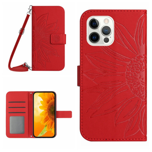 iPhone 12 Pro Max Skin Feel Sun Flower Pattern Flip Leather Phone Case with Lanyard - Red