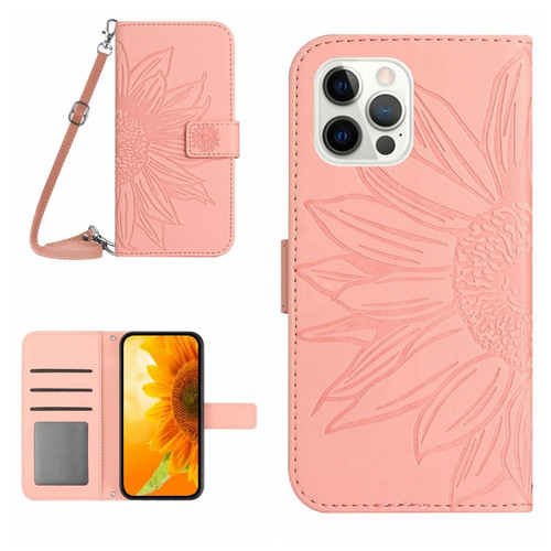 iPhone 12 Pro Max Skin Feel Sun Flower Pattern Flip Leather Phone Case with Lanyard - Pink