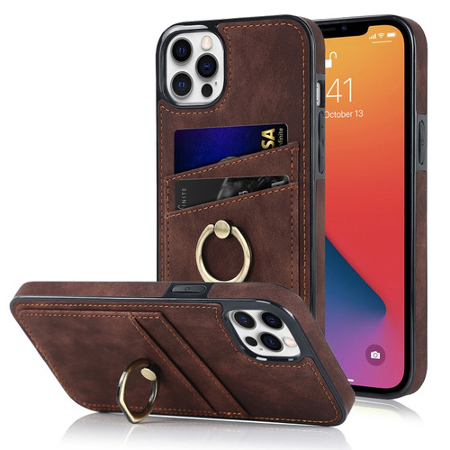 iPhone 12 Pro Max Vintage Patch Leather Phone Case with Ring Holder - Brown