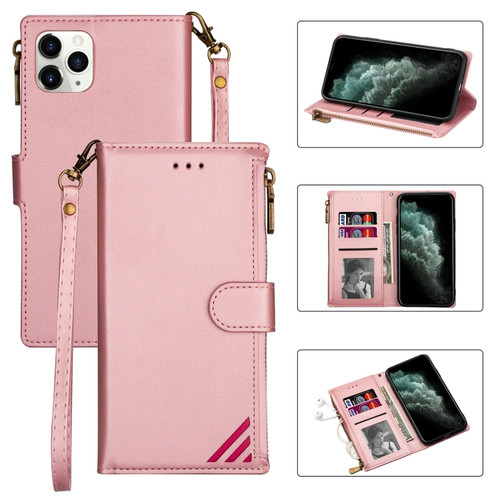 iPhone 12 Pro Max Zipper Multi-card Slots Horizontal Flip PU Leather Case with Holder & Card Slots & Wallet & Lanyard & Photo Frame - Rose Gold