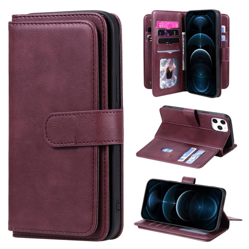 iPhone 12 Pro Max Multifunctional Magnetic Copper Buckle Horizontal Flip Solid Color Leather Case with 10 Card Slots & Wallet & Holder & Photo Frame - Wine Red