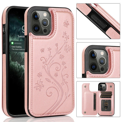 iPhone 12 Pro Max Butterflies Flowers Double Buckle PU + TPU Protective Case with Holder & Card Slots & Photo Frame - Rose Gold