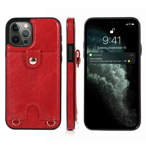 iPhone 12 Pro Max Shockproof PU Leather + TPU Protective Case with Card Slot & Lanyard - Red