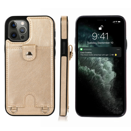 iPhone 12 Pro Max Shockproof PU Leather + TPU Protective Case with Card Slot & Lanyard - Gold