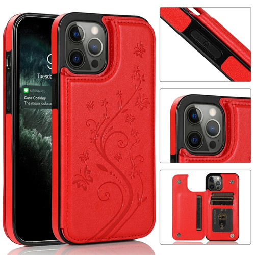 iPhone 12 Pro Max Butterflies Flowers Double Buckle PU + TPU Protective Case with Holder & Card Slots & Photo Frame - Red