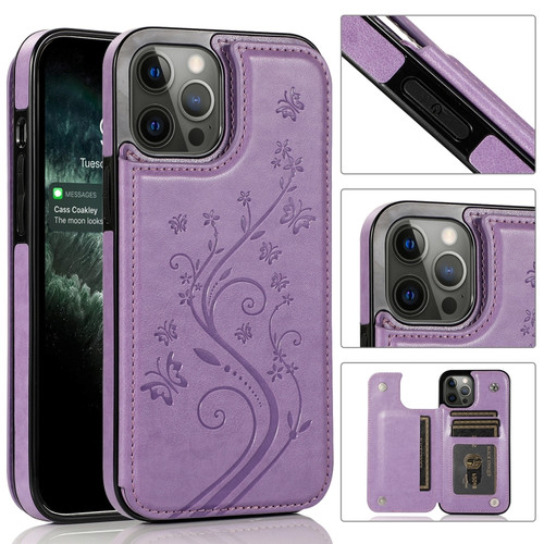 iPhone 12 Pro Max Butterflies Flowers Double Buckle PU + TPU Protective Case with Holder & Card Slots & Photo Frame - Purple